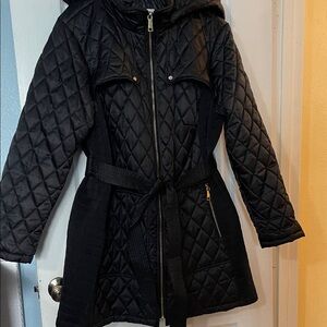 Nine West Black Quilted Puffer Coat with Belt